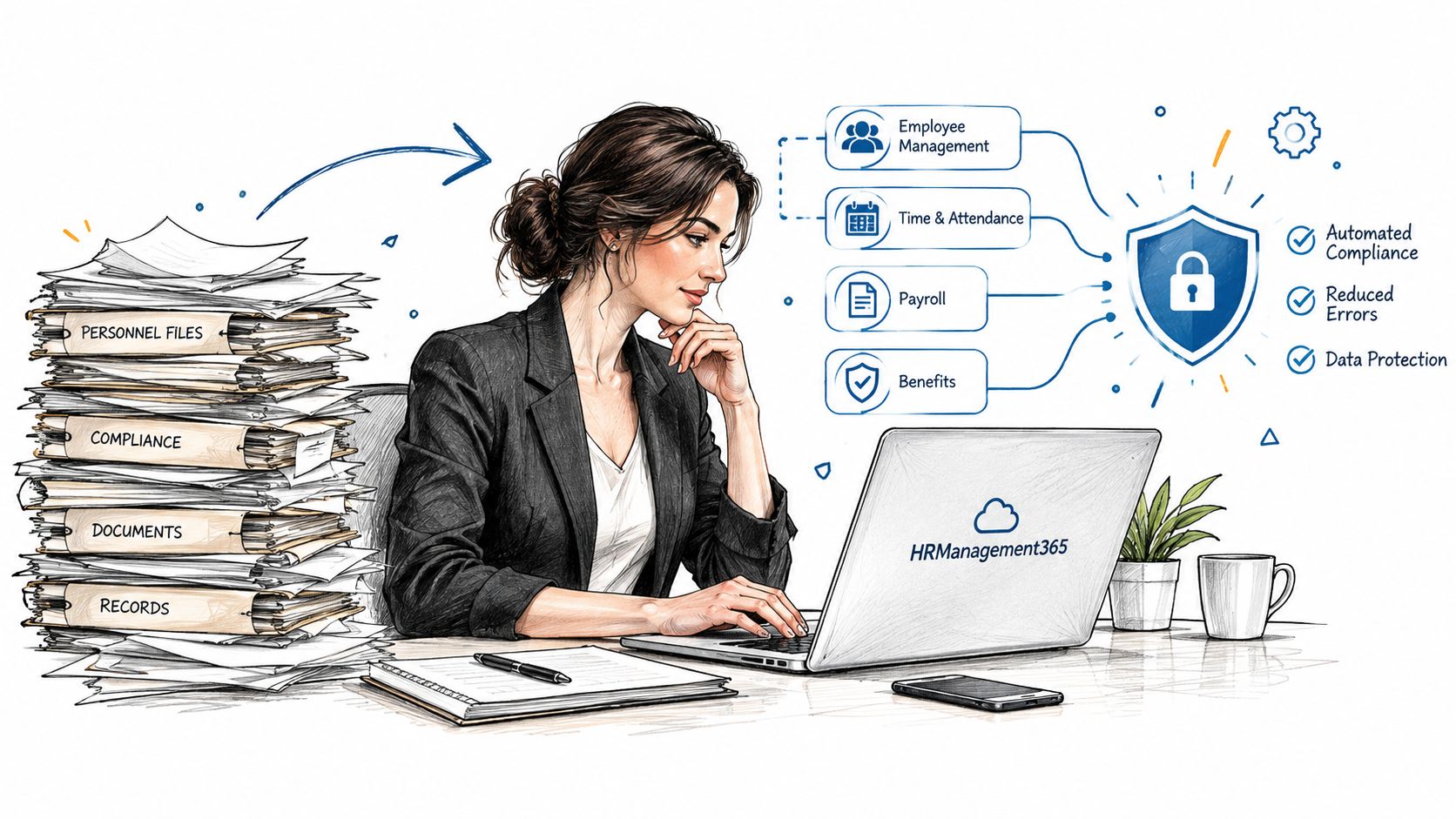 A professional woman digitizing paper files into an HR management software system for secure data organization.