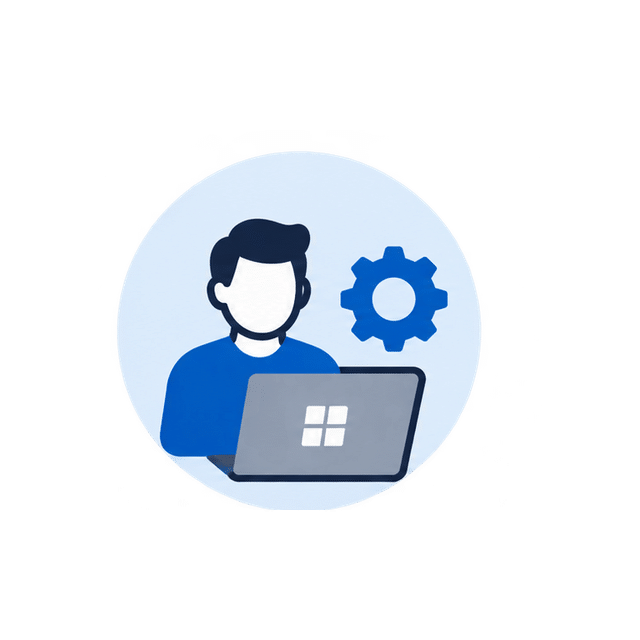 Illustration of a person at a laptop with a blue gear icon, representing IT support or software setup