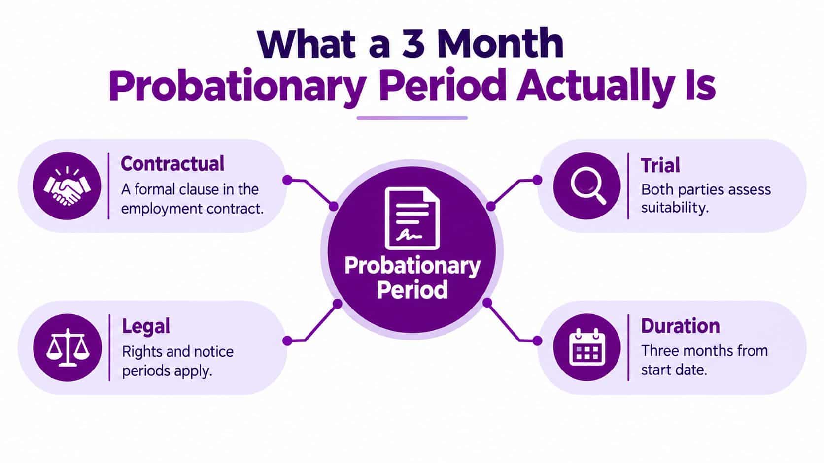 An infographic titled What a 3 Month Probationary Period Actually Is outlining four key characteristics of employment.
