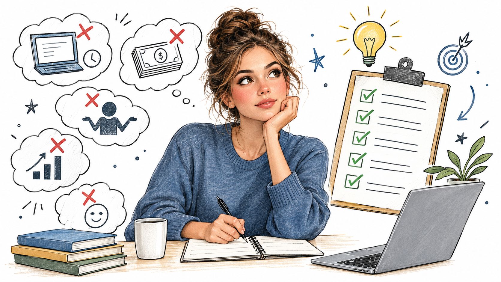 A young woman sitting at a desk planning her work with a checklist and thinking about productivity.