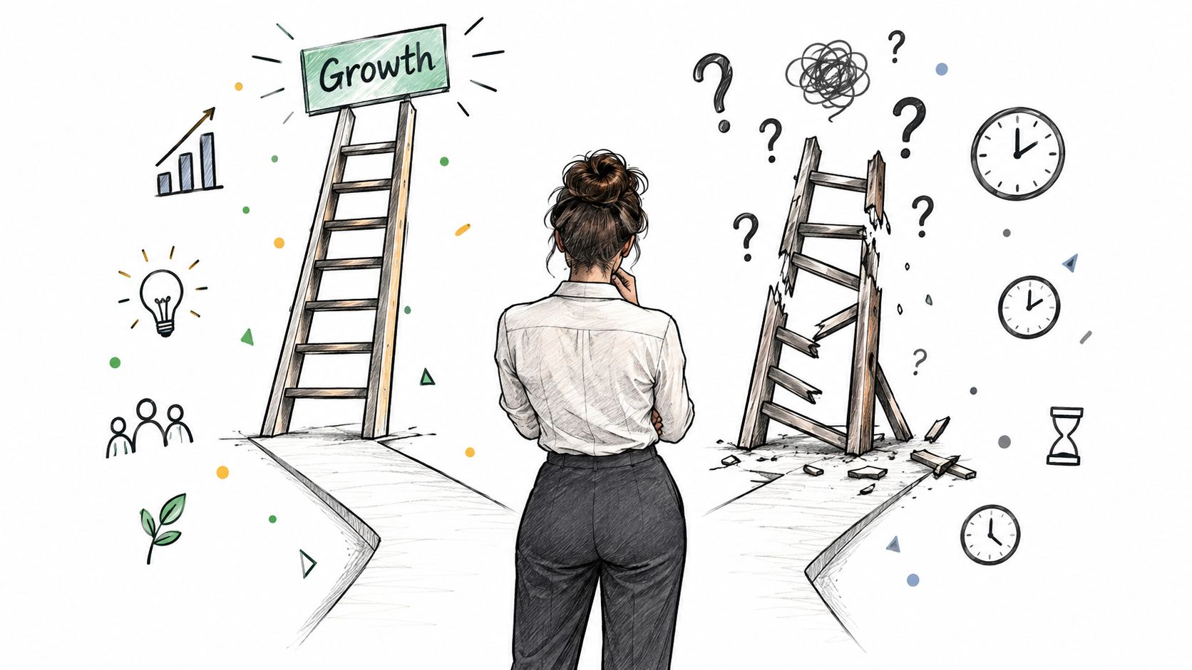 A businesswoman stands between a sturdy growth ladder and a broken, dilapidated ladder representing uncertainty and career obstacles.