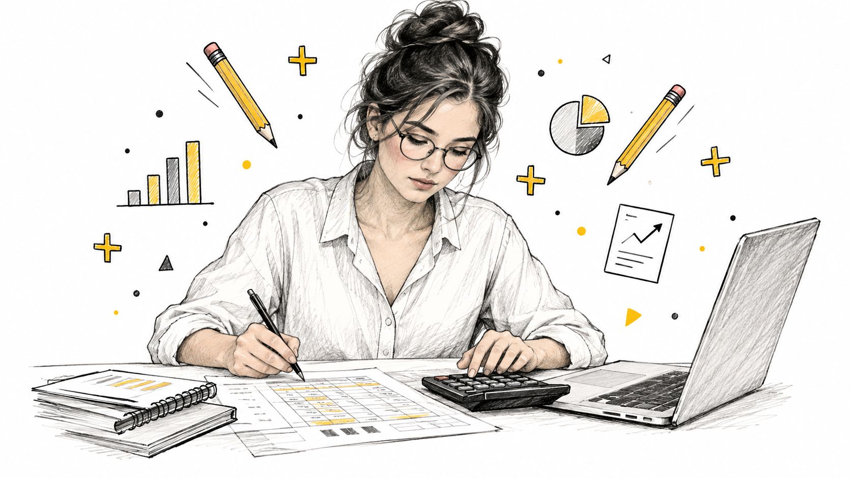 A professional woman working at a desk with a laptop, calculator, and financial charts and documents.