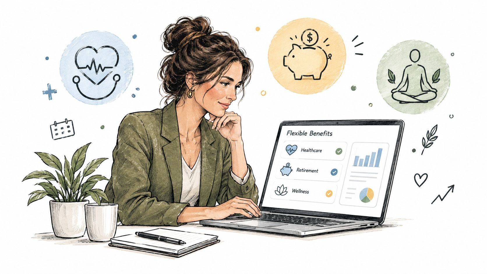 A professional woman working on a laptop, reviewing digital flexible benefits like healthcare, retirement, and wellness plans.