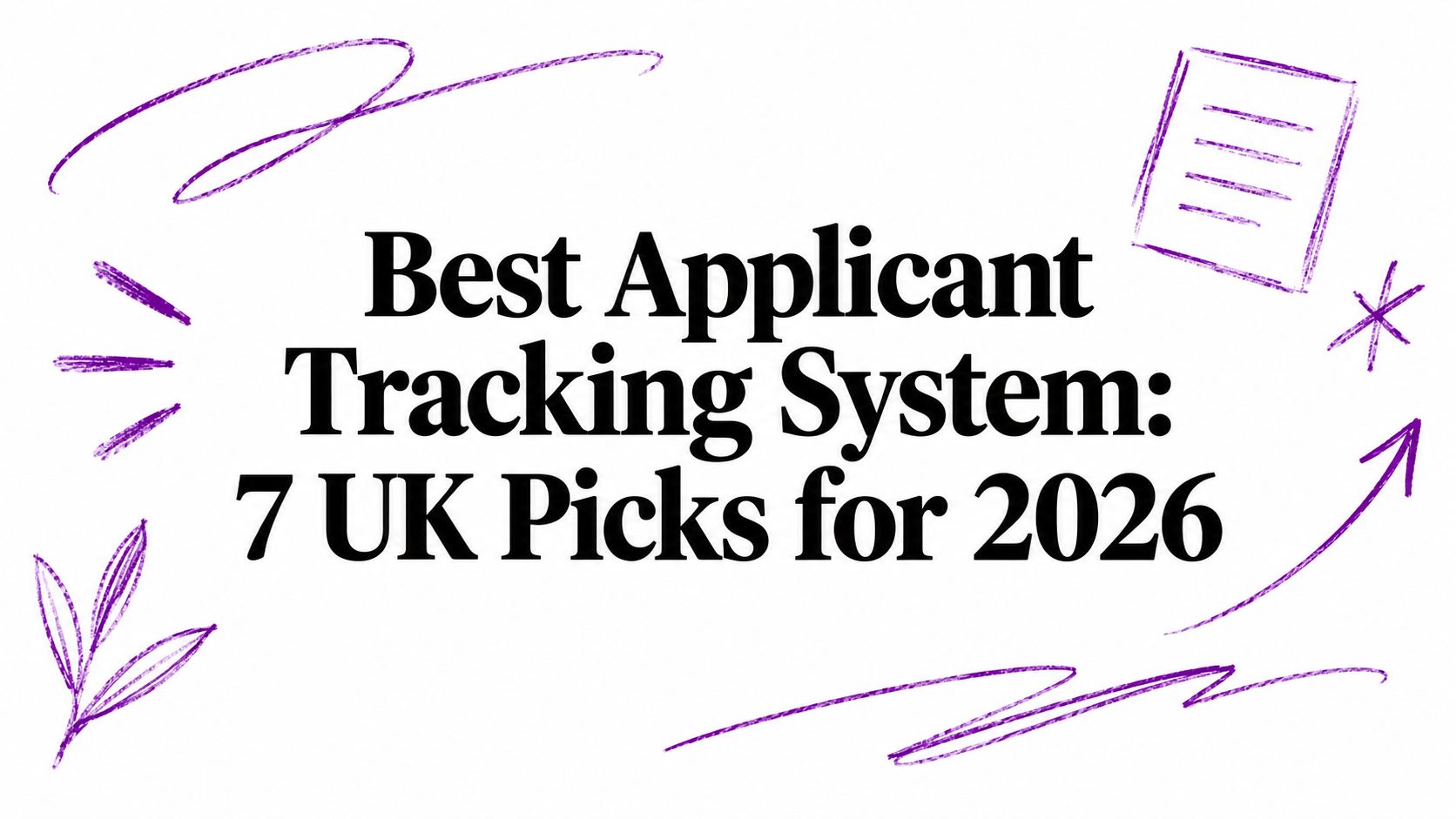 Heading banner: 'Best Applicant Tracking System: 7 UK Picks for 2026' with purple doodles around it (informative image).** Note:** concise alt text usually describes purpose; this one conveys the article topic.