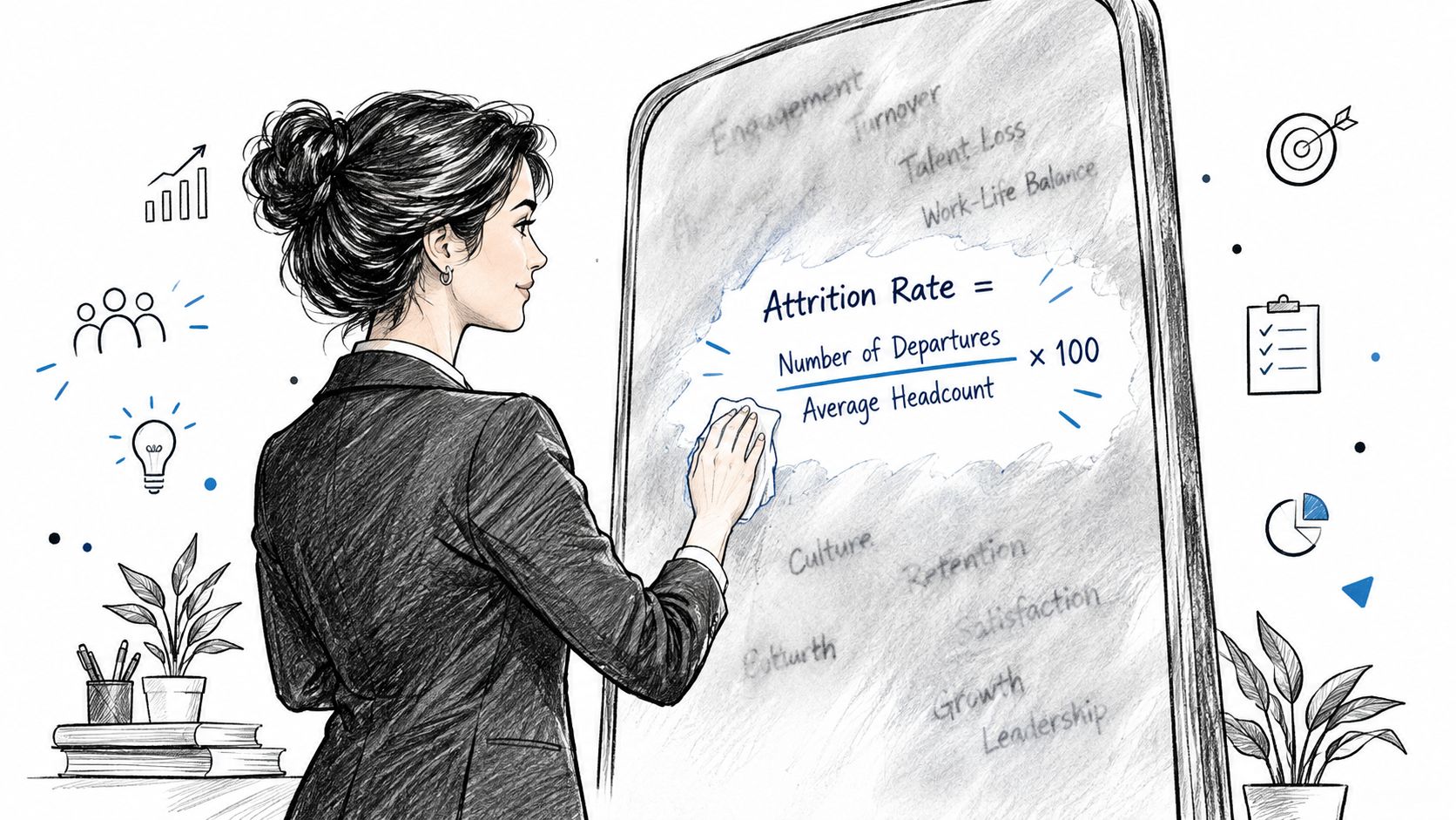 A professional woman writing the formula for attrition rate on a whiteboard in an office setting.