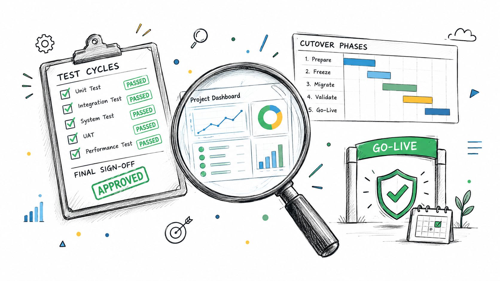 A hand-drawn illustration showing testing cycles, project dashboards, cutover phases, and successful go-live planning for business software.