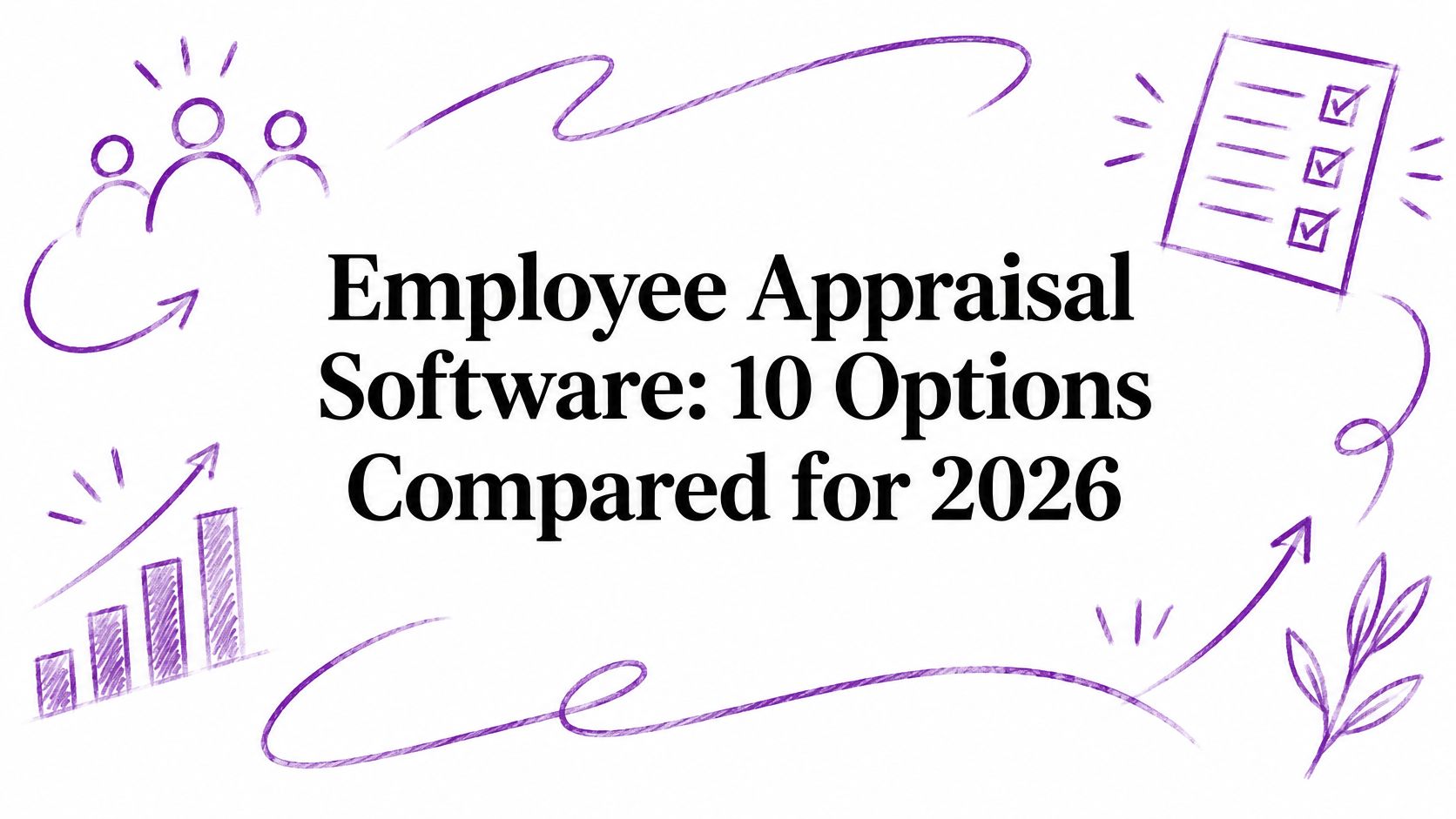 Informational banner with the article title: 'Employee Appraisal Software: 10 Options Compared for 2026' and purple doodles around.