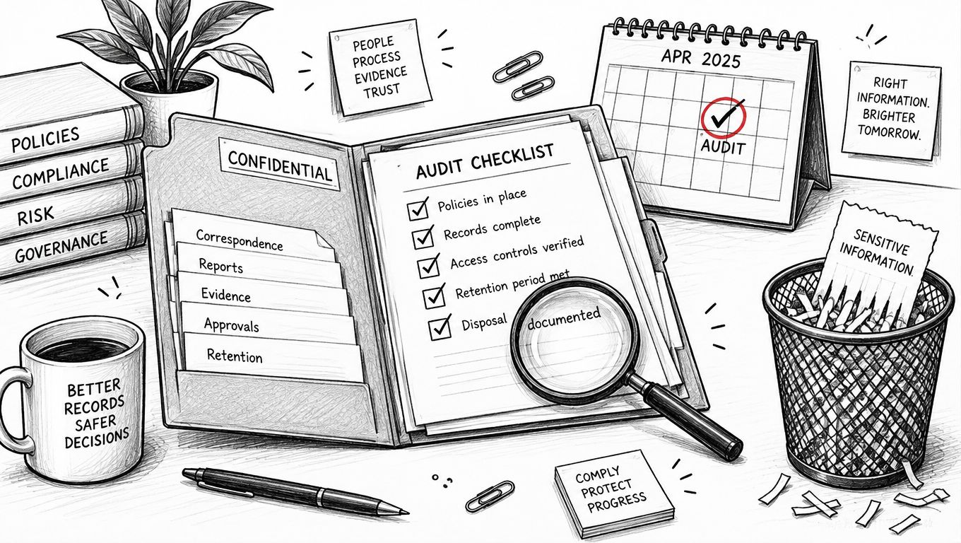 An illustration of an office desk with an audit checklist, confidential files, and document shredding equipment.