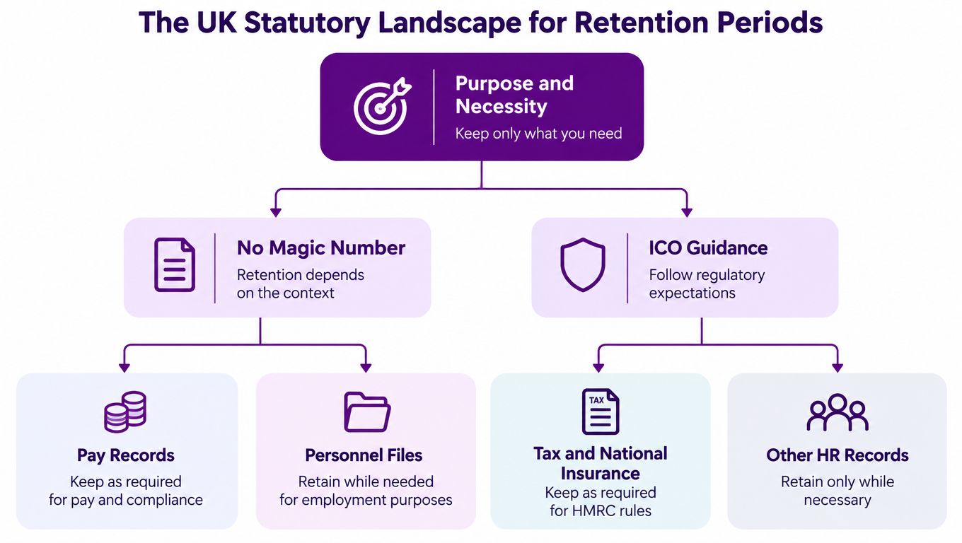 An infographic showing the UK statutory landscape for data retention policies and HR document management guidelines.