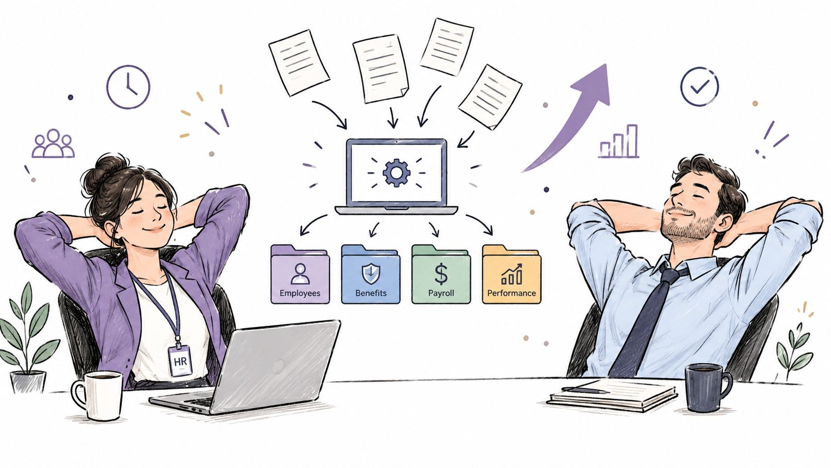 A professional man and woman relaxing in office chairs while HR software streamlines tasks and documents.