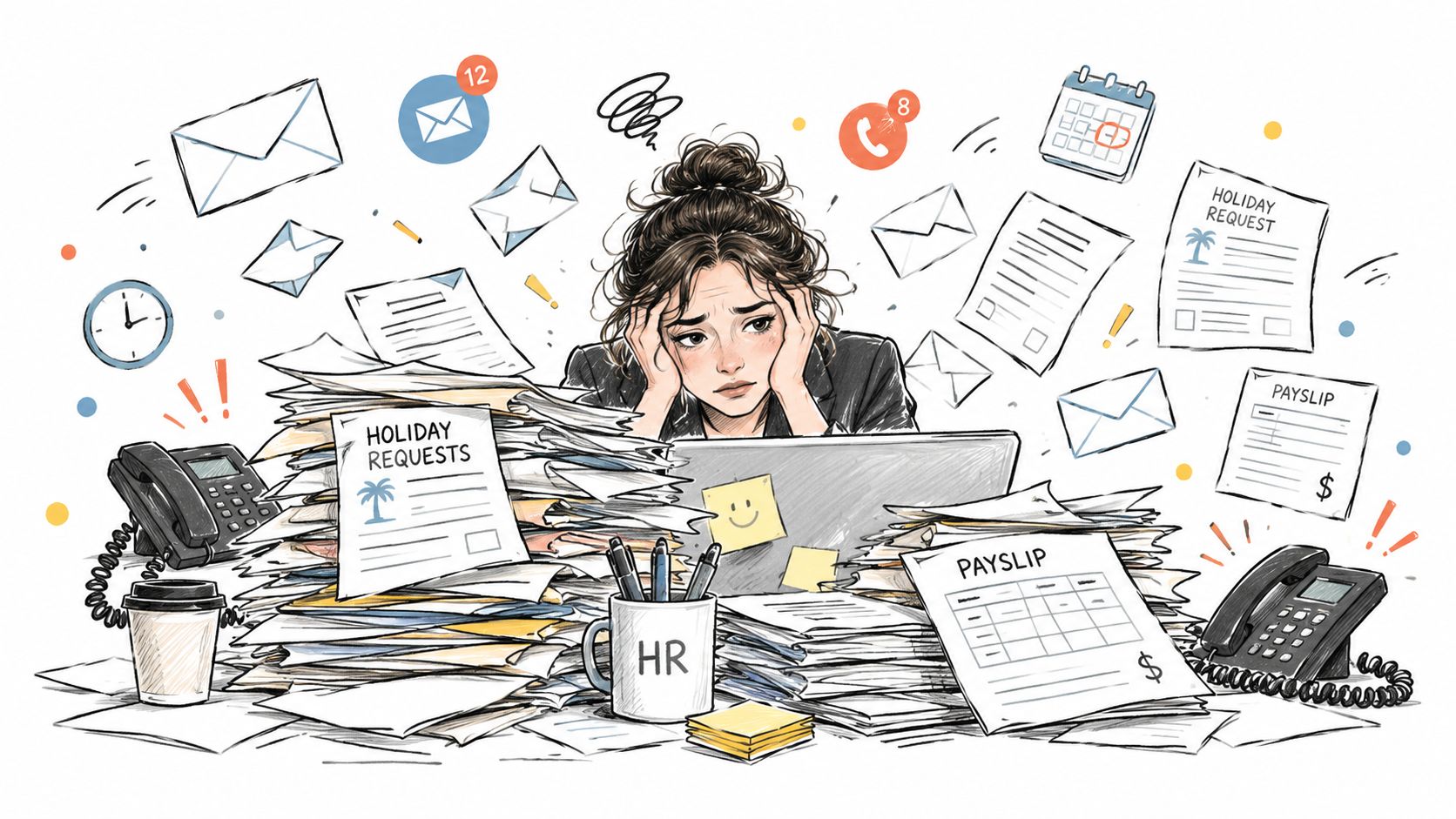 Stressed human resources professional surrounded by piles of documents, holiday requests, payslips, and office equipment.
