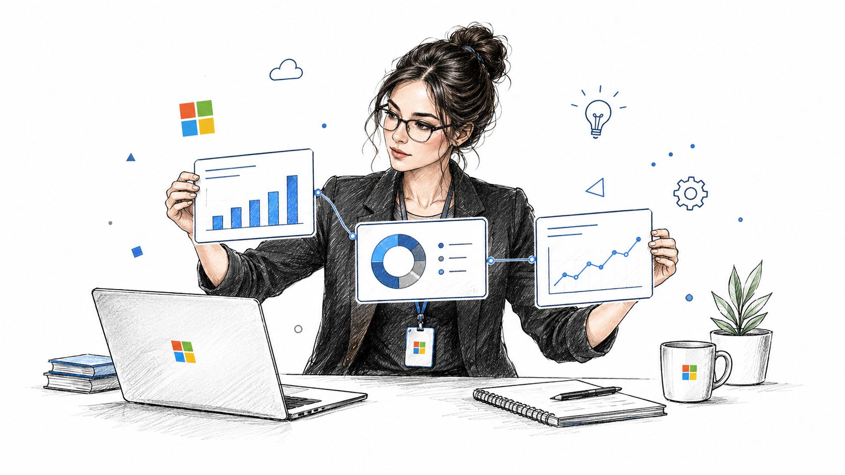 A professional woman analyzing HR analytics and data reports on digital screens at her office desk.