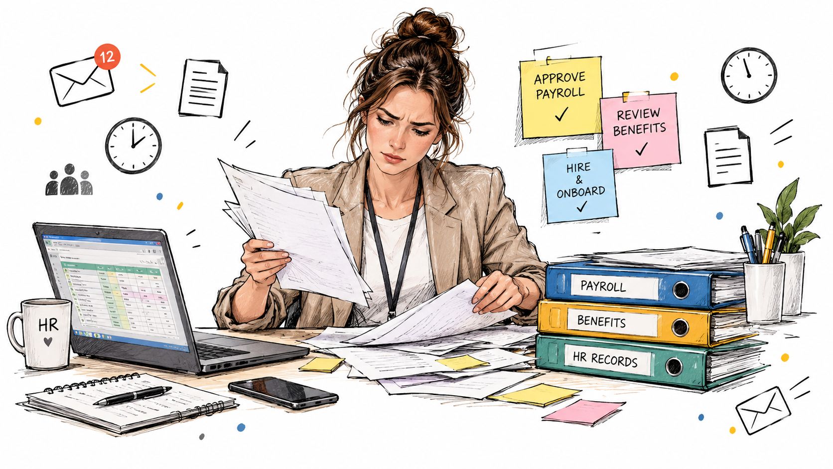 Stressed human resources professional overwhelmed with paperwork and files while working at a busy office desk.