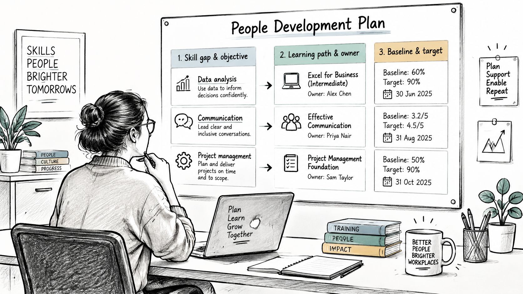 A professional woman viewing a whiteboard detailing a structured people development plan in a modern office.