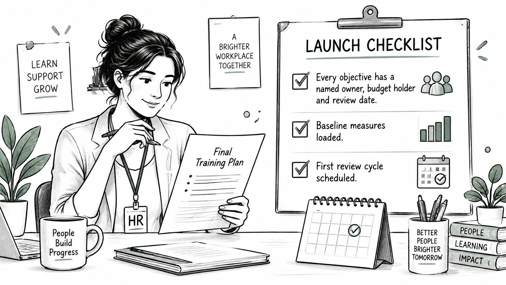 A professional woman in an office reviewing a final HR training plan with a launch checklist nearby.