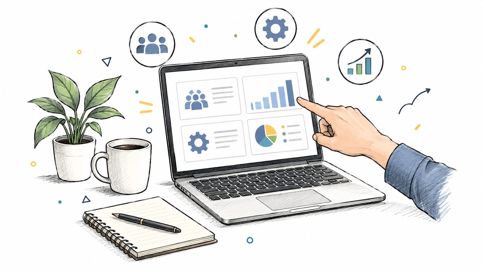 A hand interacting with a laptop screen displaying business analytics charts and data management icons on a desk.