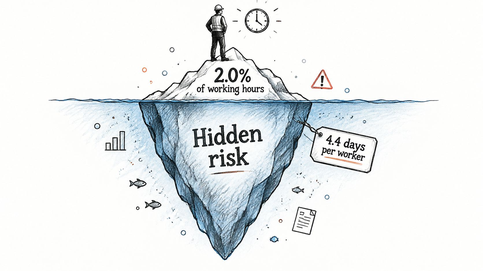 An iceberg illustration representing hidden risks to human resource performance indicators in the workplace environment.