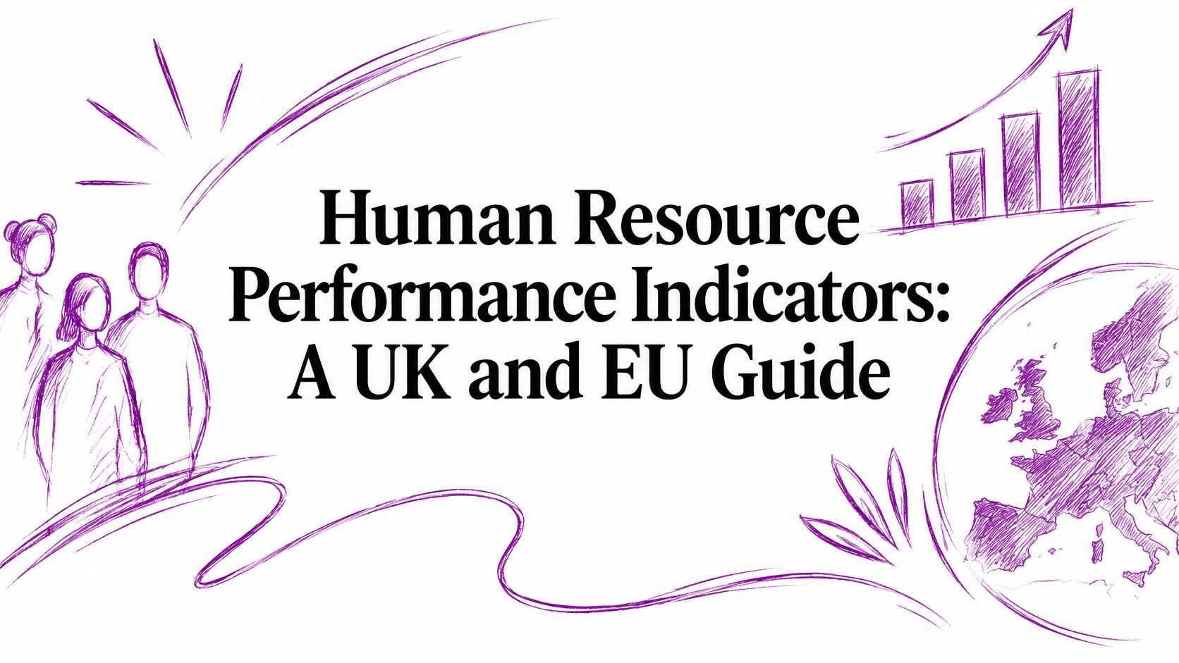 Title card: 'Human Resource Performance Indicators: A UK and EU Guide' with purple sketches of people and a rising bar chart around a globe, indicating global HR metrics.