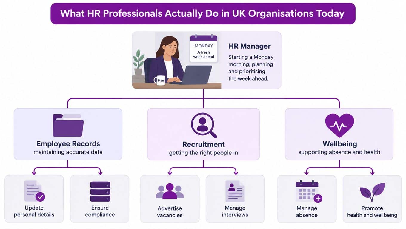 An infographic showing the core job duties of HR professionals in UK organizations, including records, recruitment, and wellbeing.