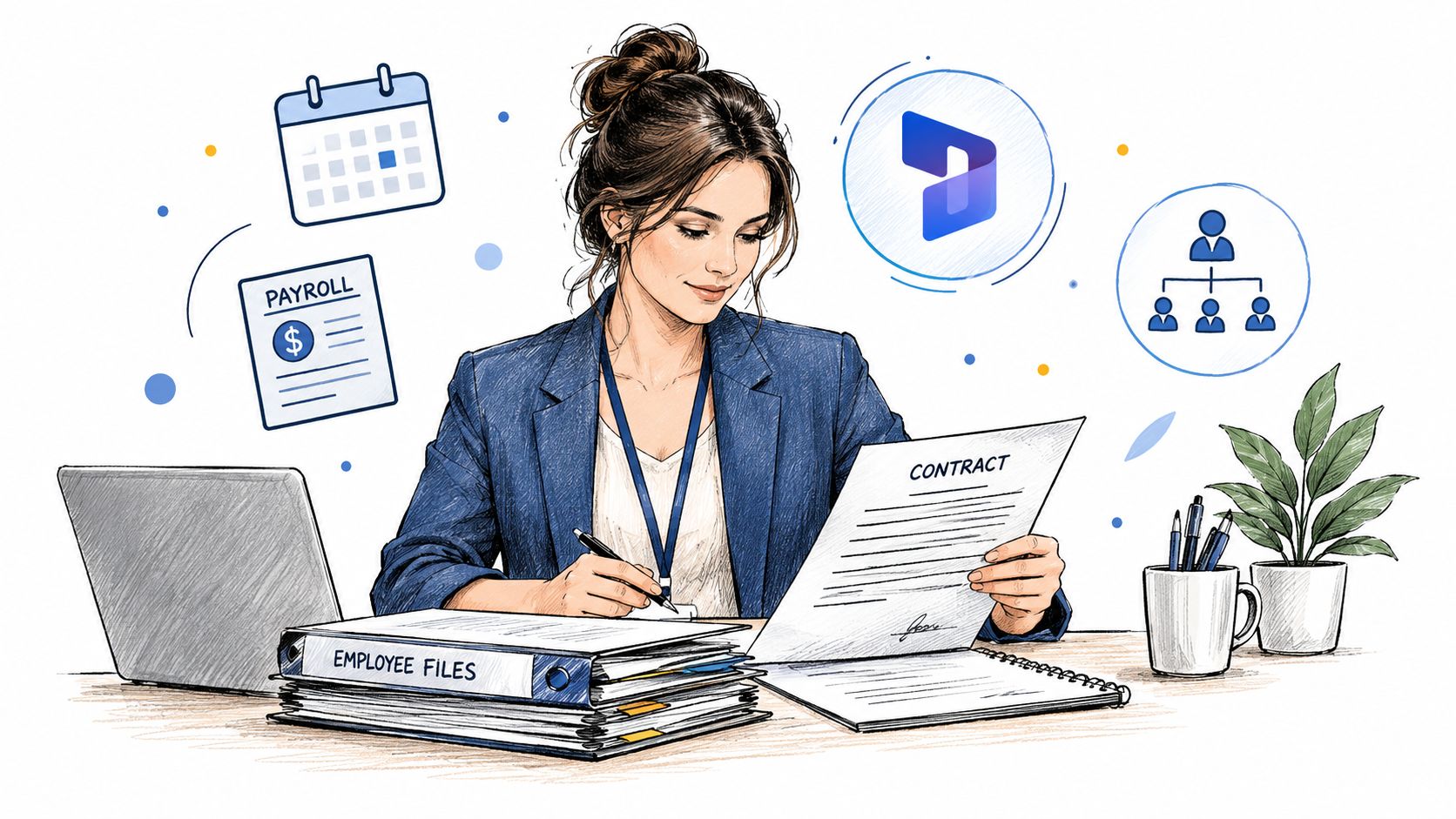 A professional woman in a business suit reviewing an employment contract at her organized office desk.