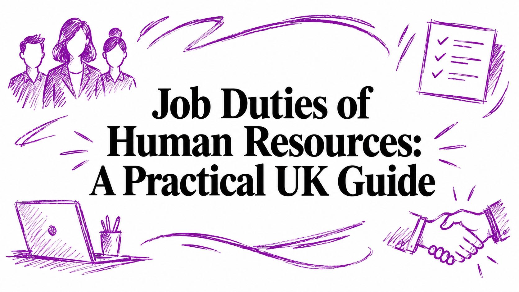 Job Duties of Human Resources: A Practical UK Guide — header text with purple doodles of people, a laptop, checklist, and handshake doodles around.