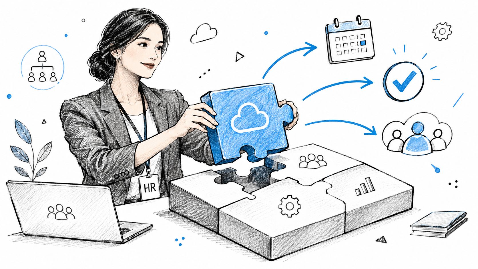 A professional HR woman placing a cloud puzzle piece into a larger workflow solution concept