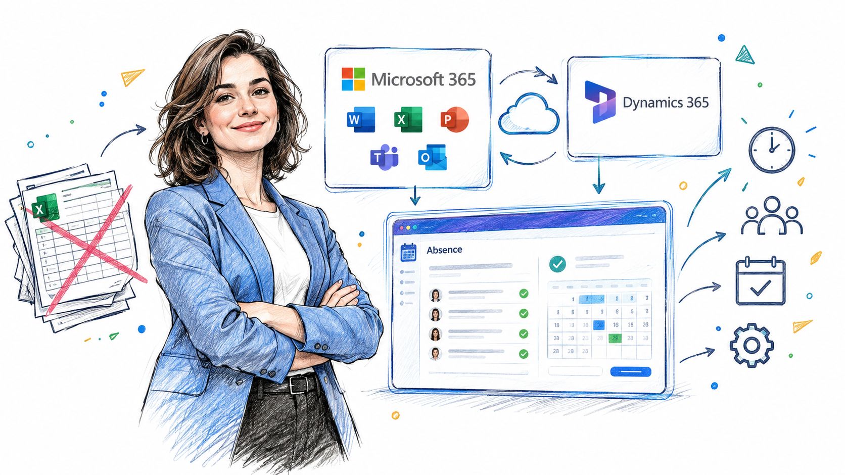 A professional woman illustrating the transition from manual spreadsheets to Microsoft 365 and Dynamics 365 leave management.