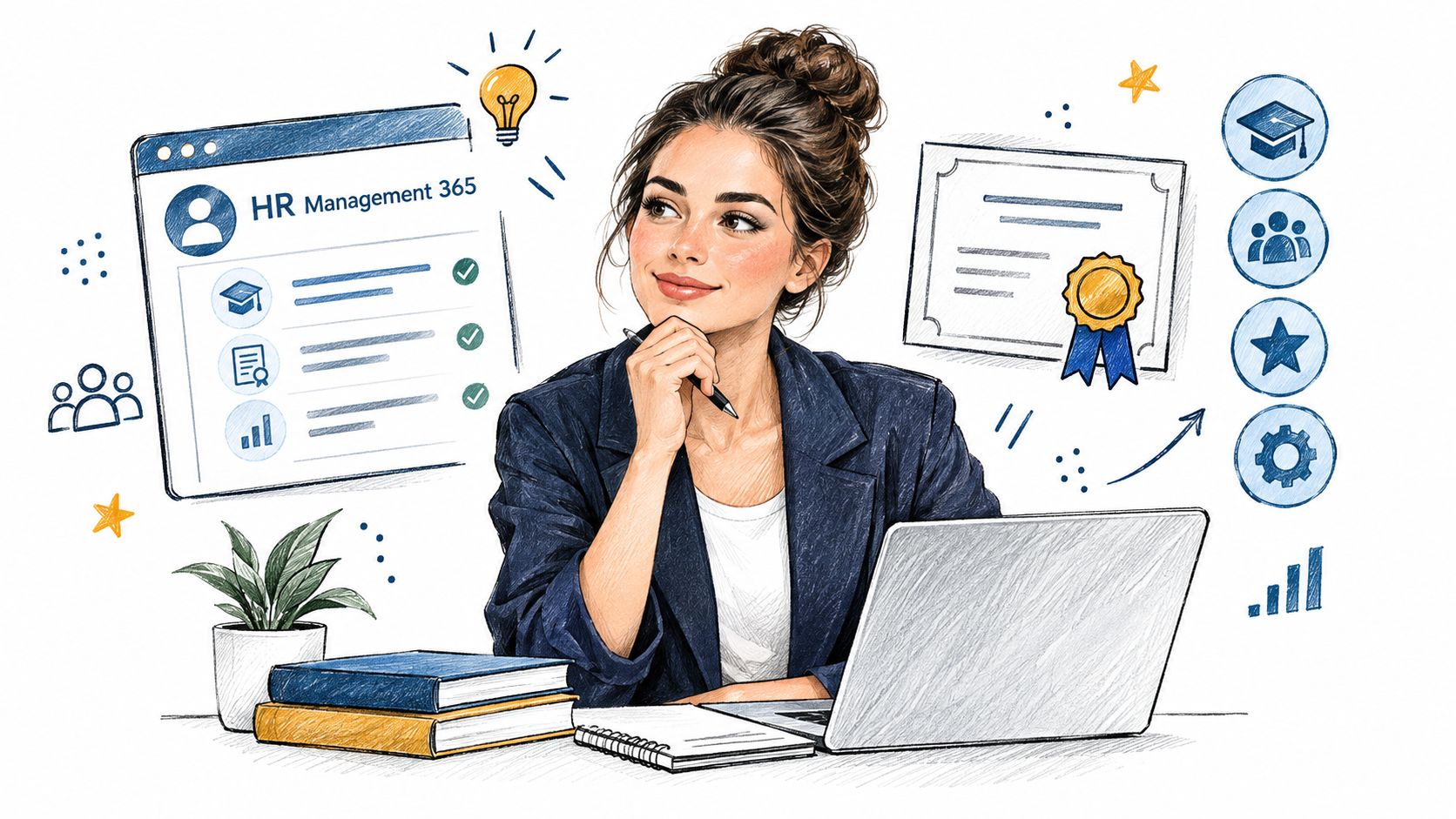 A professional woman thinking while working on an HR management software interface with training icons.