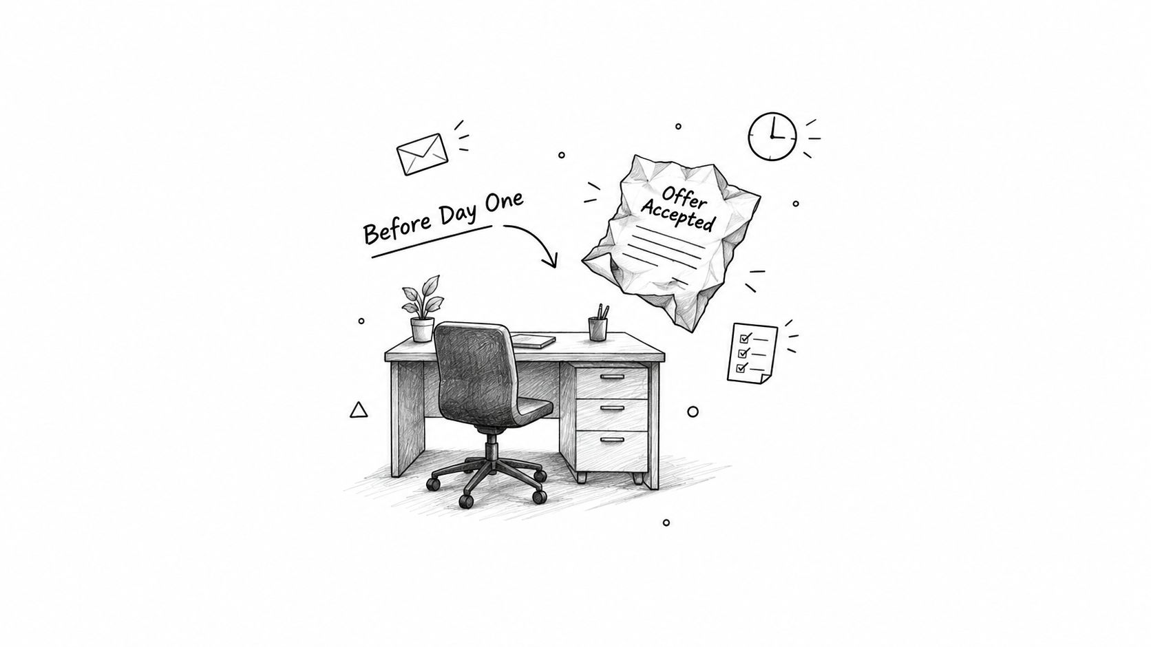 A hand-drawn sketch of an empty office desk with a signed offer letter, symbolizing new employee onboarding preparation.