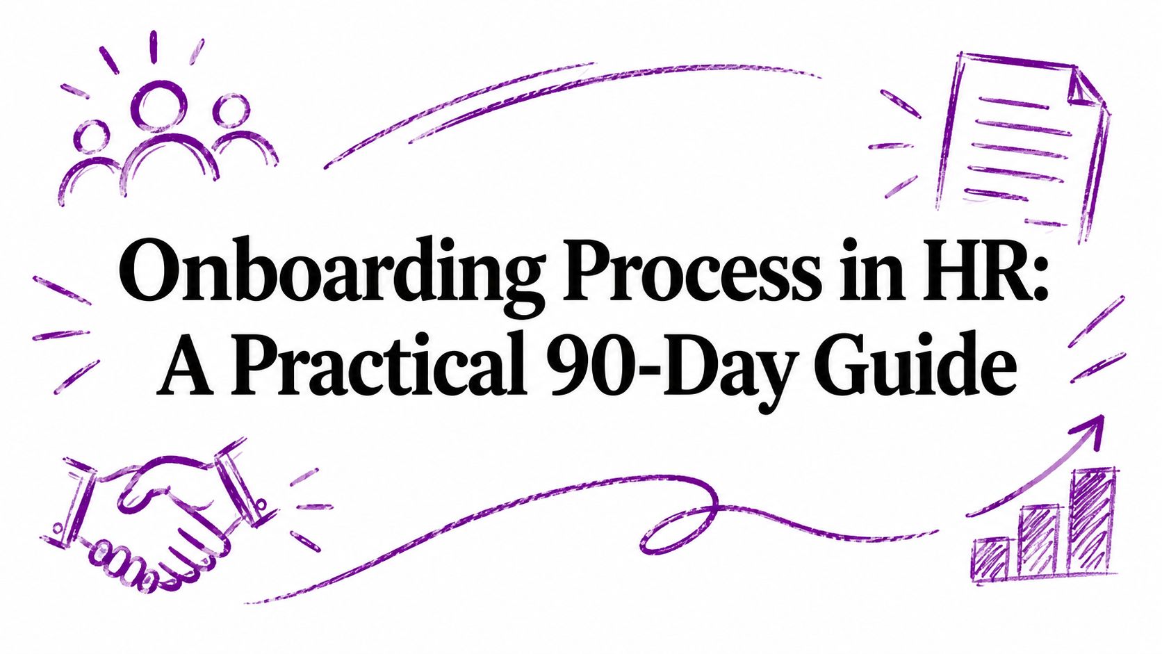 Banner: 'Onboarding Process in HR: A Practical 90-Day Guide' with purple doodles, indicating an HR onboarding guide article