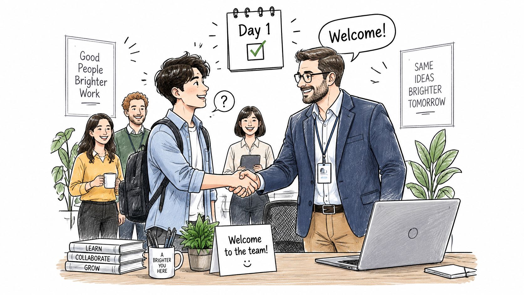 A professional onboarding scene showing a new hire shaking hands with a manager on their first day.