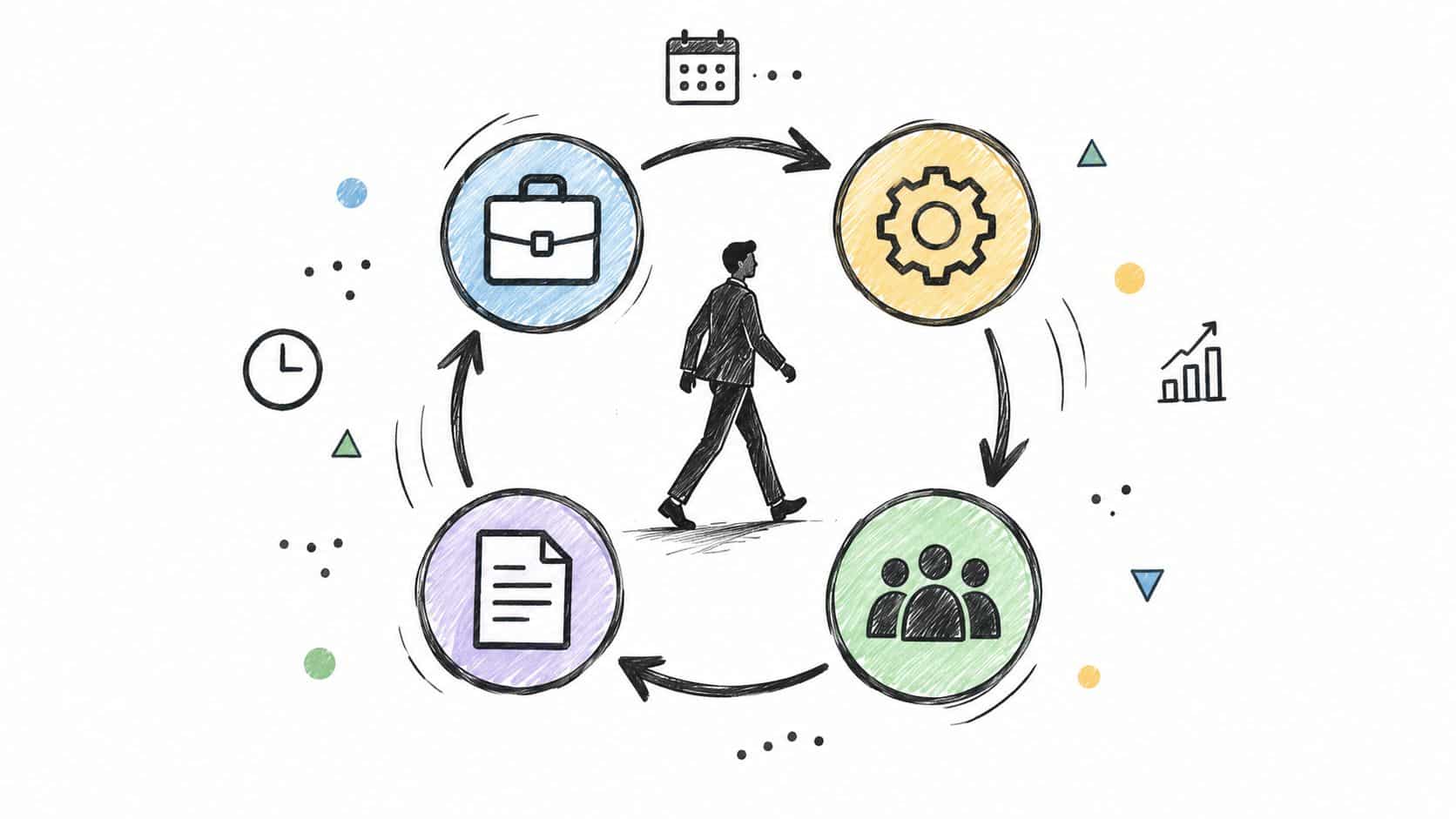 A professional man walking in a cycle representing business development, team management, and strategic growth opportunities.