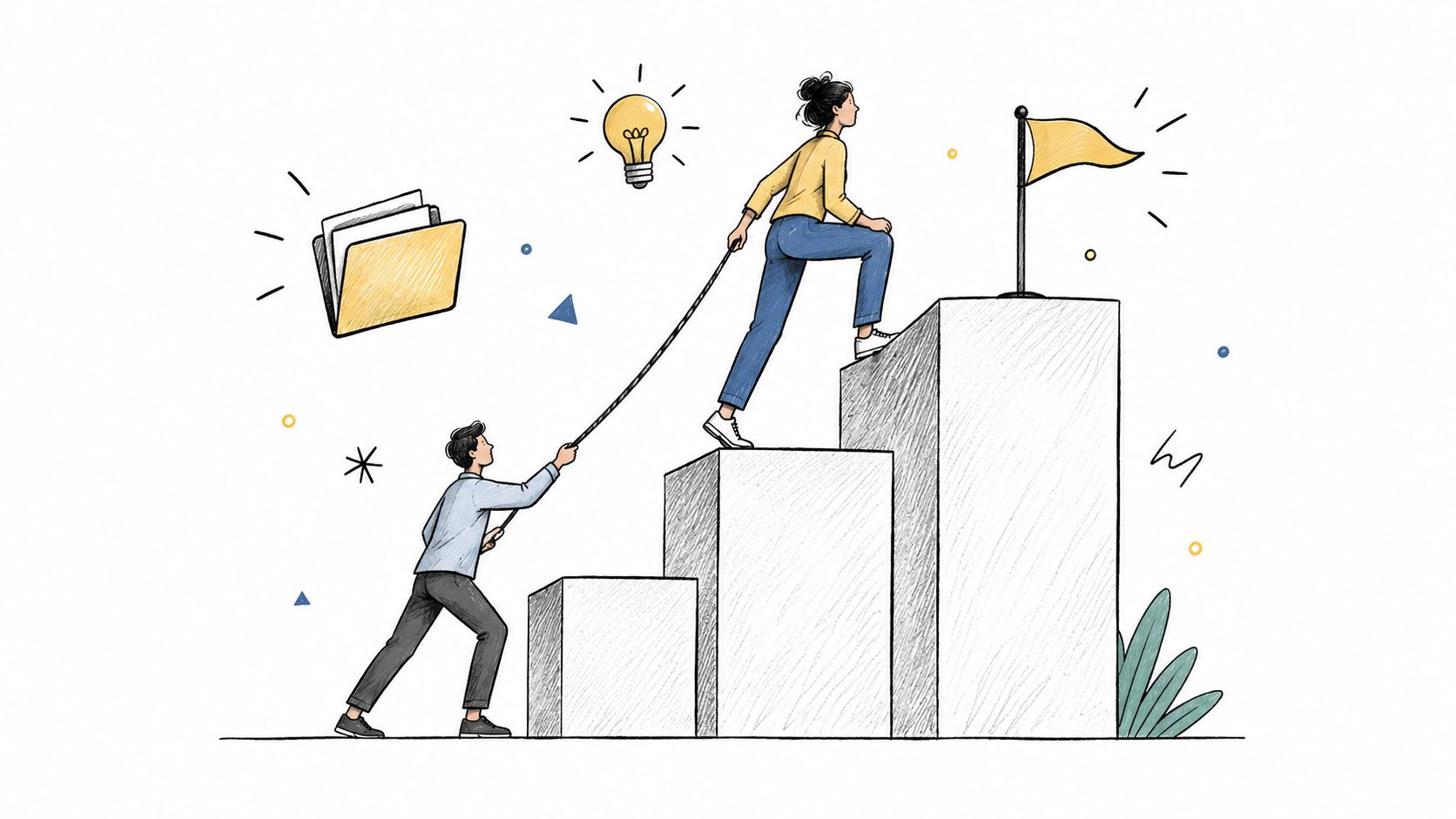 A man supporting a woman climbing stairs to reach a goal, symbolizing team collaboration and professional growth.