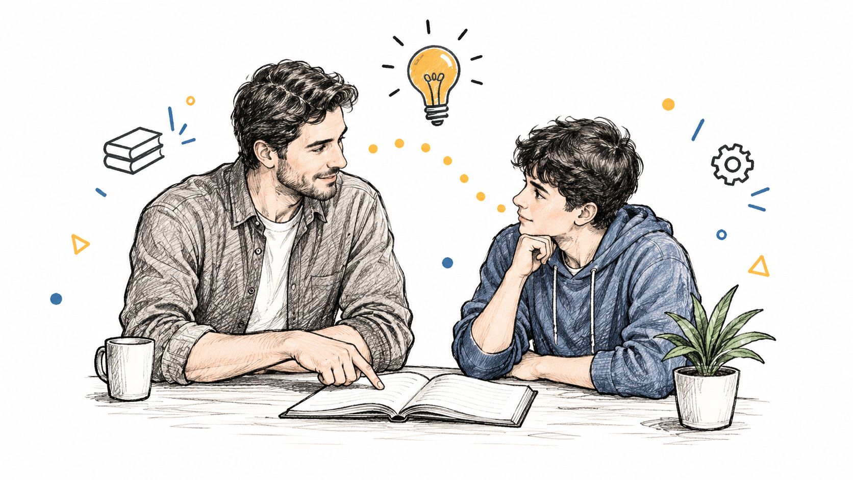A father or mentor sits at a desk with a student, pointing at a book during study.