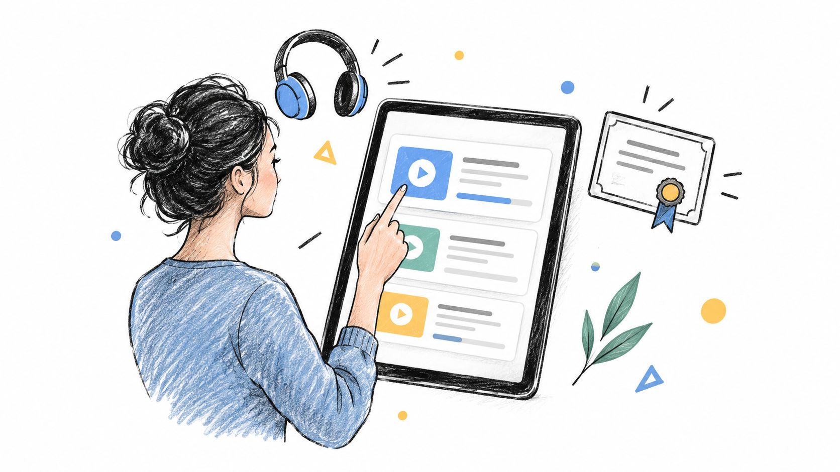 A woman using a tablet to watch online learning videos with headphones and receiving a certificate.