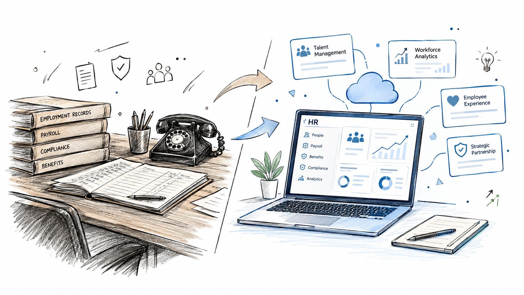 A conceptual illustration showing the transition from traditional paper-based HR records to modern cloud-based digital HR software solutions.