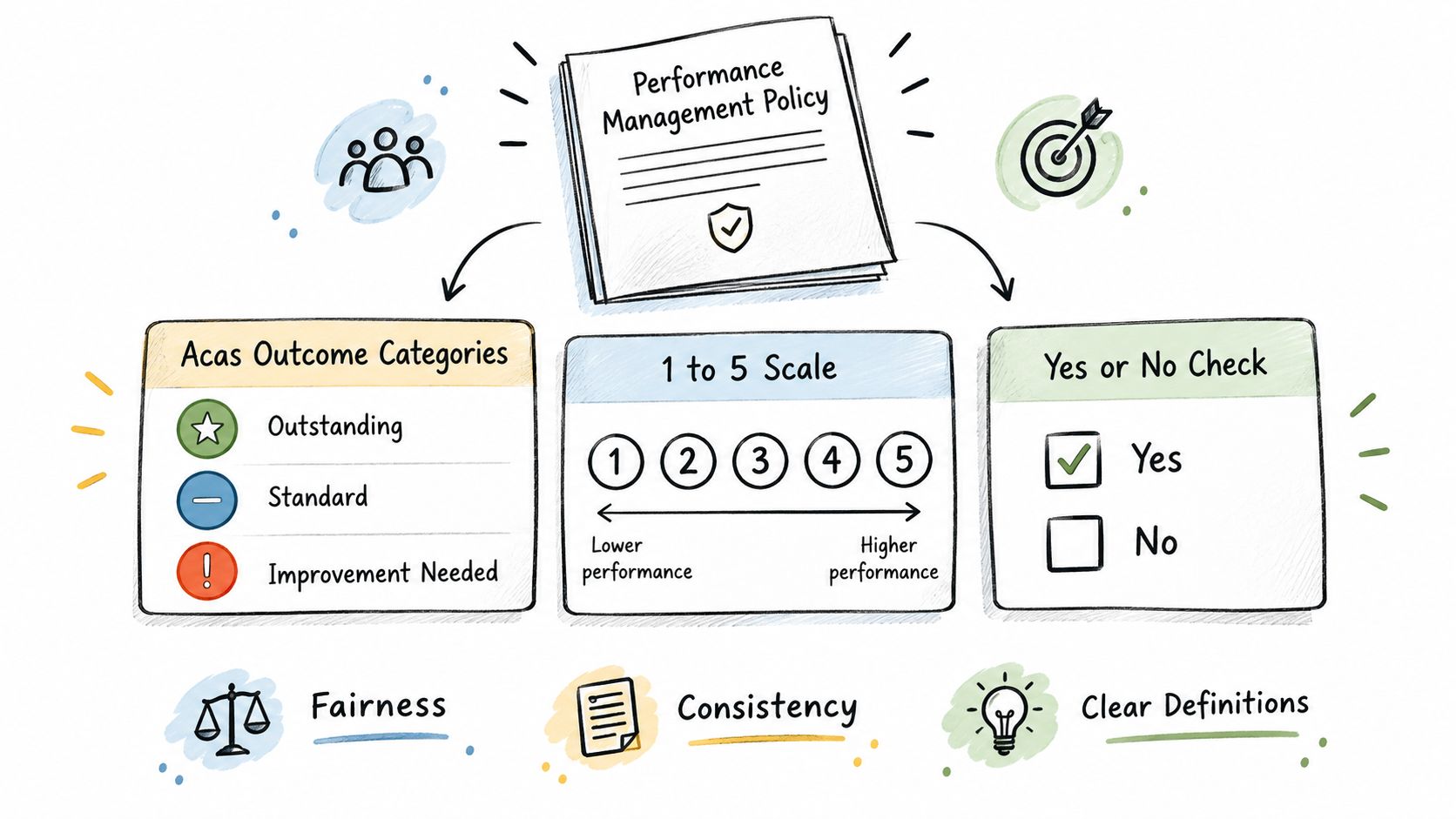 An illustration showing three performance management methods: outcome categories, a 1-5 scale, and a binary check.