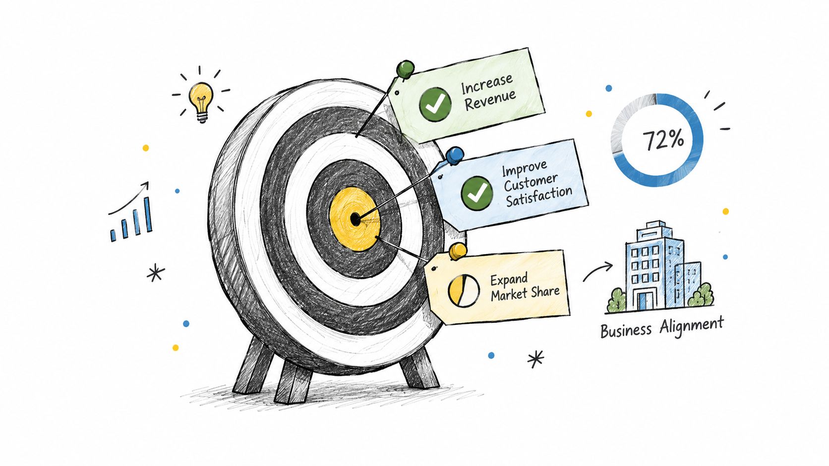 A hand-drawn style illustration featuring a target with three pinned business goals and a progress percentage.