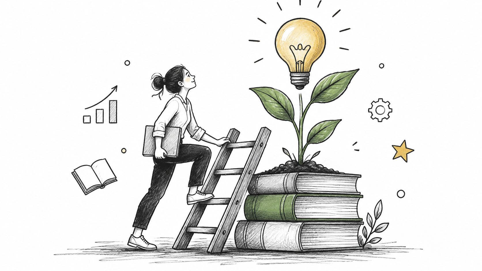 A woman climbs a ladder towards a lightbulb growing from a stack of books, representing learning and development.