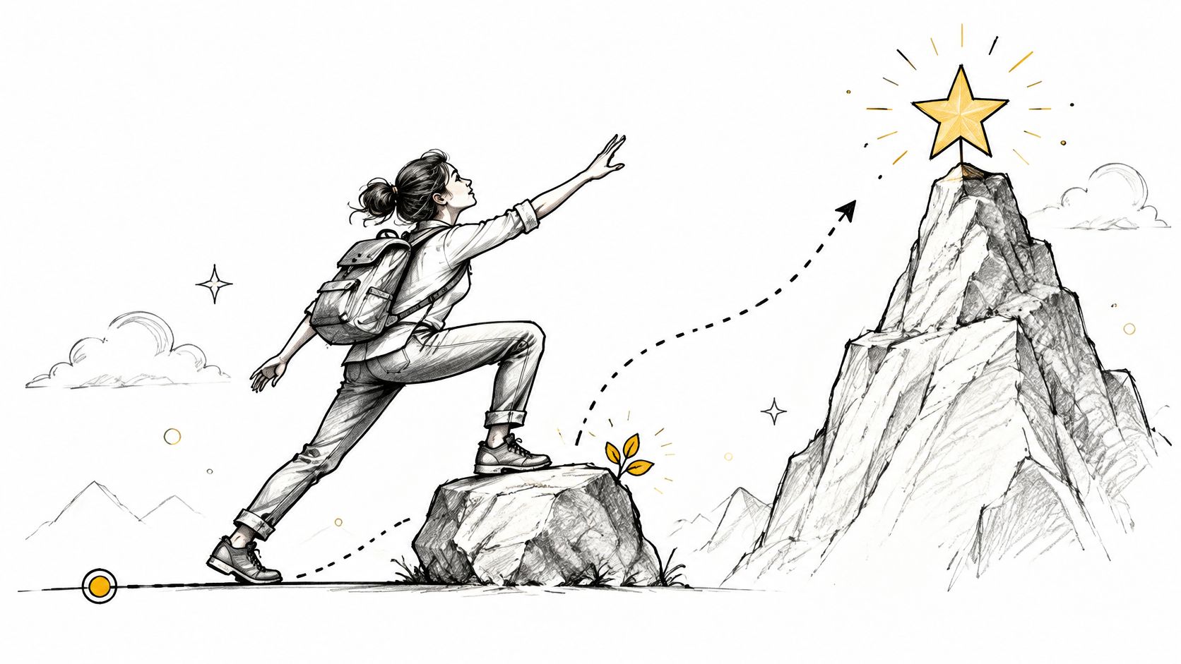 A pencil sketch of a woman with a backpack reaching towards a star atop a mountain peak.