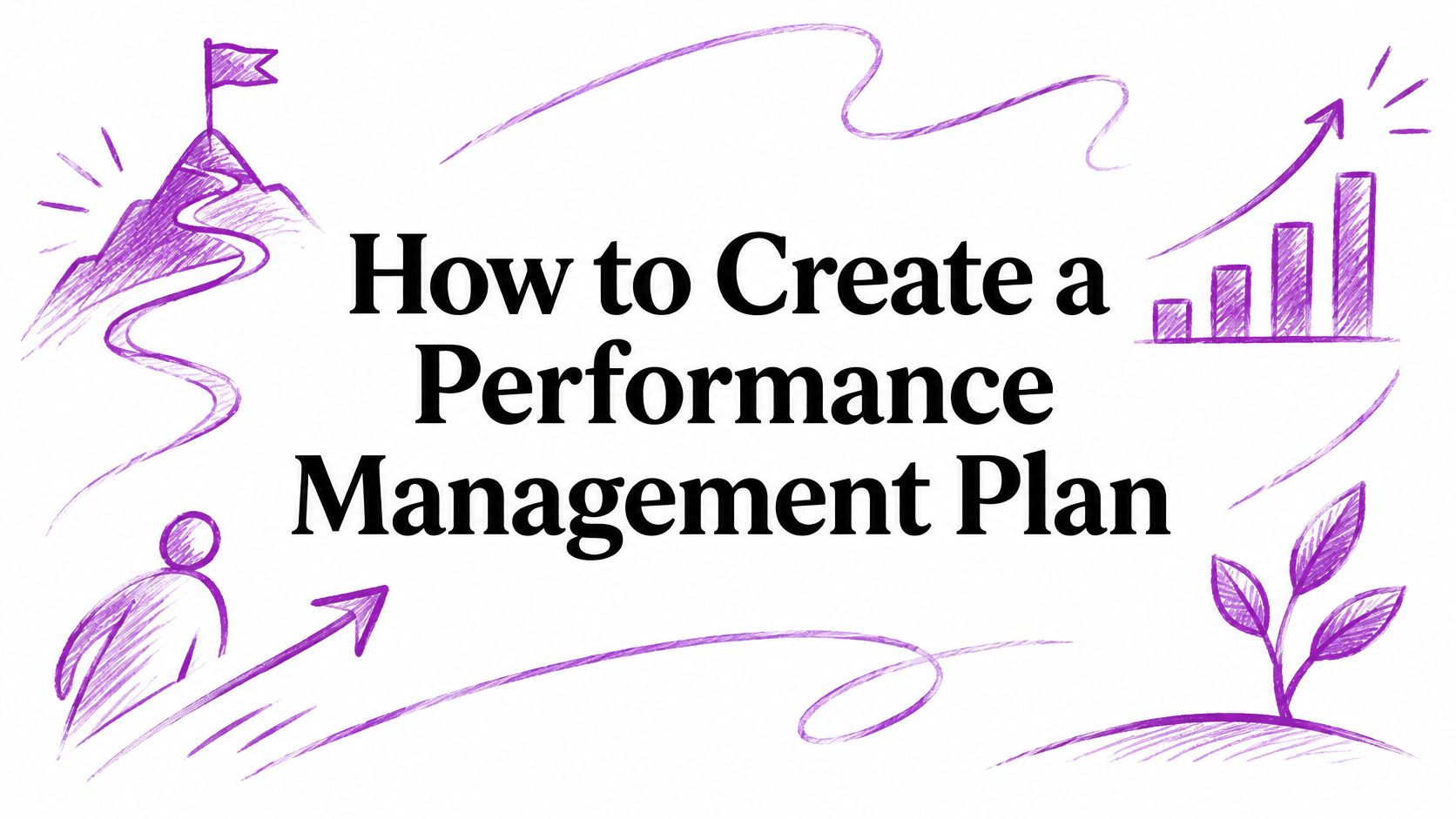 Cover image with the title 'How to Create a Performance Management Plan' in bold black text, surrounded by purple sketch drawings of a mountain, a flag, a rising bar chart, a person, and a plant.