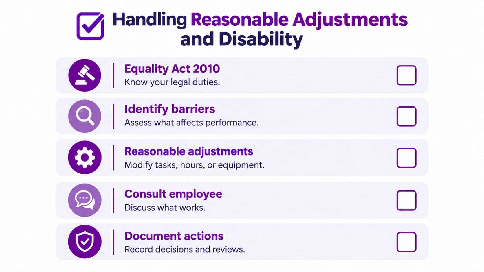 A checklist infographic titled Handling Reasonable Adjustments and Disability outlining five steps for workplace inclusion.