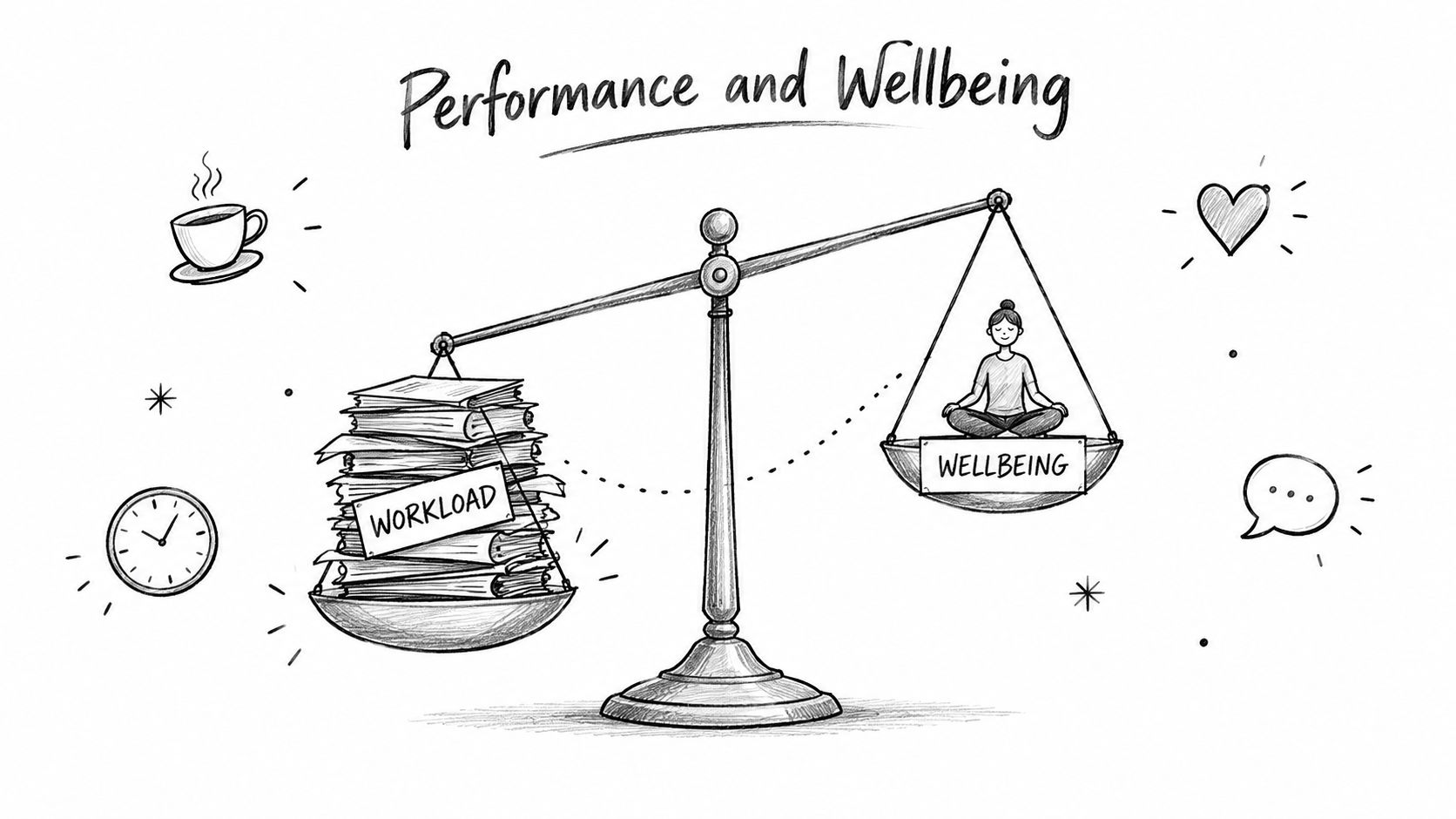 A pencil sketch of a scale balancing a heavy stack of work documents against personal wellbeing.