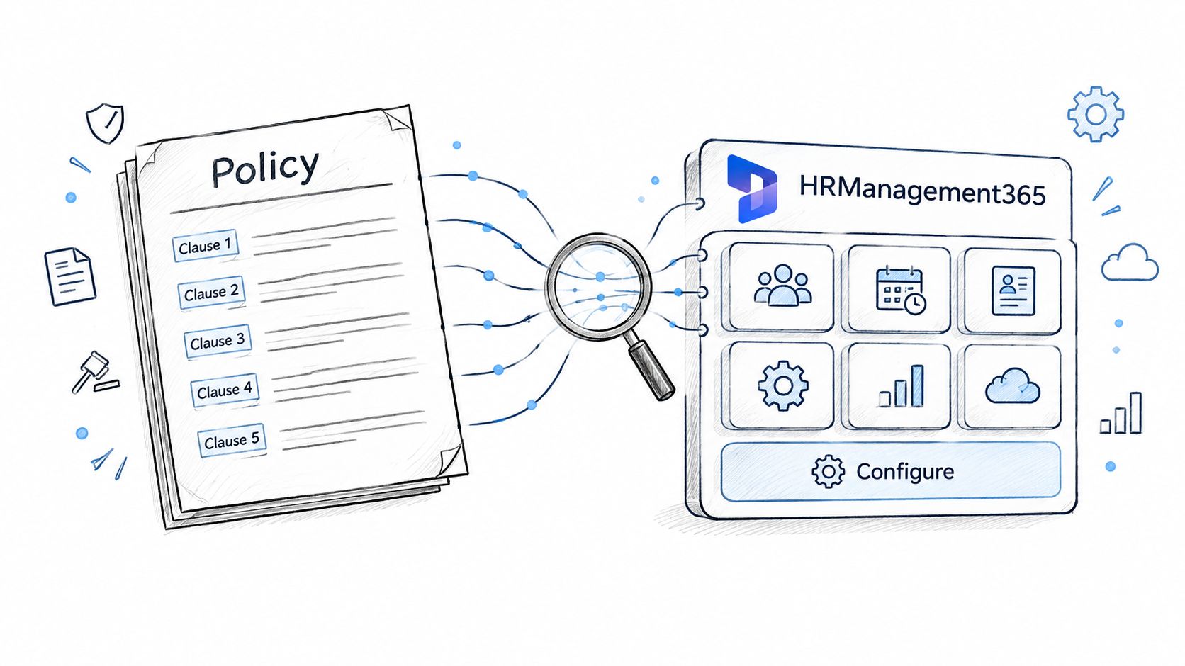A digital illustration showing a policy document connected to the HRManagement365 platform through a magnifying glass.