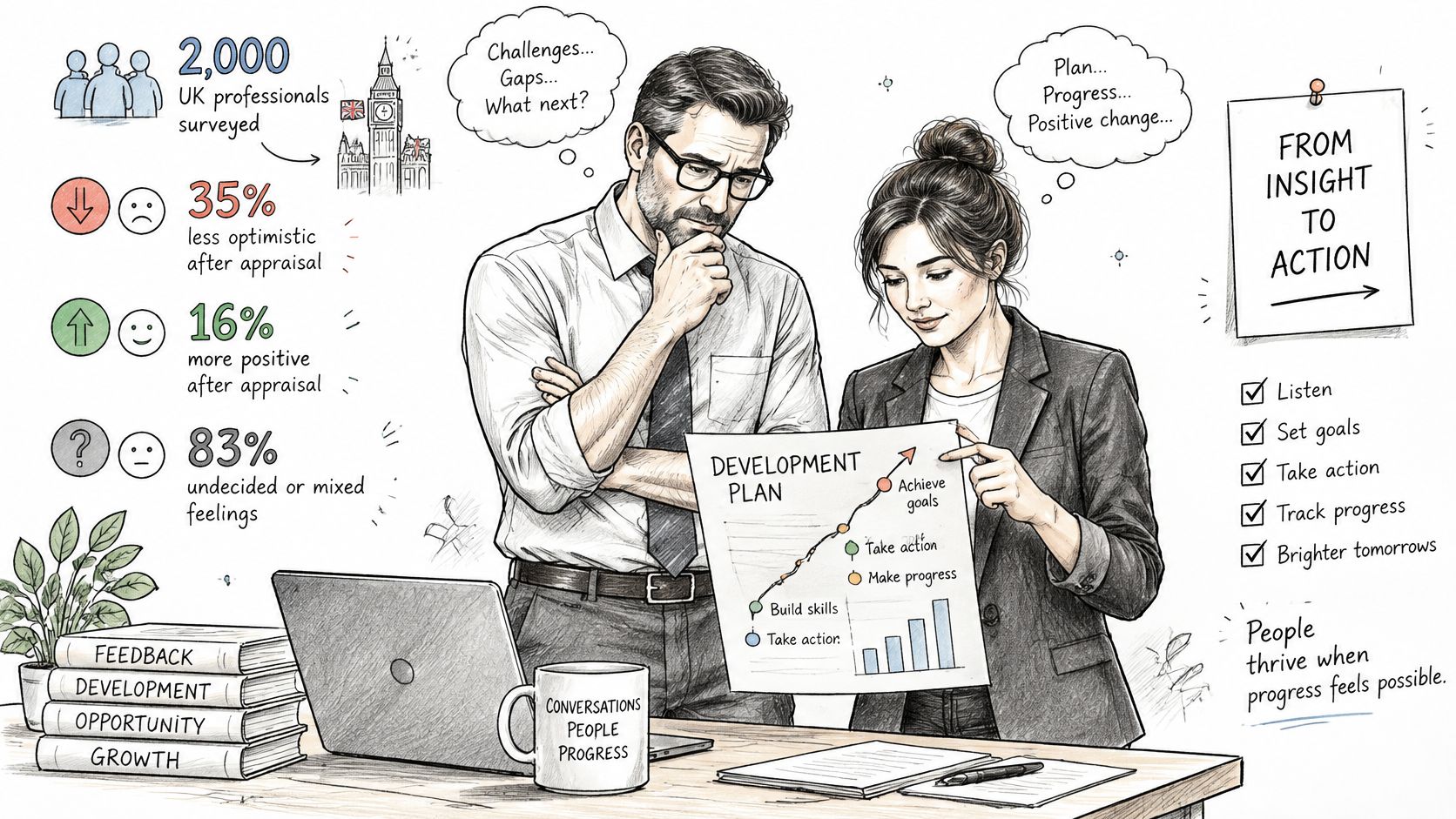 A professional man and woman discussing a development plan chart in a modern office environment.