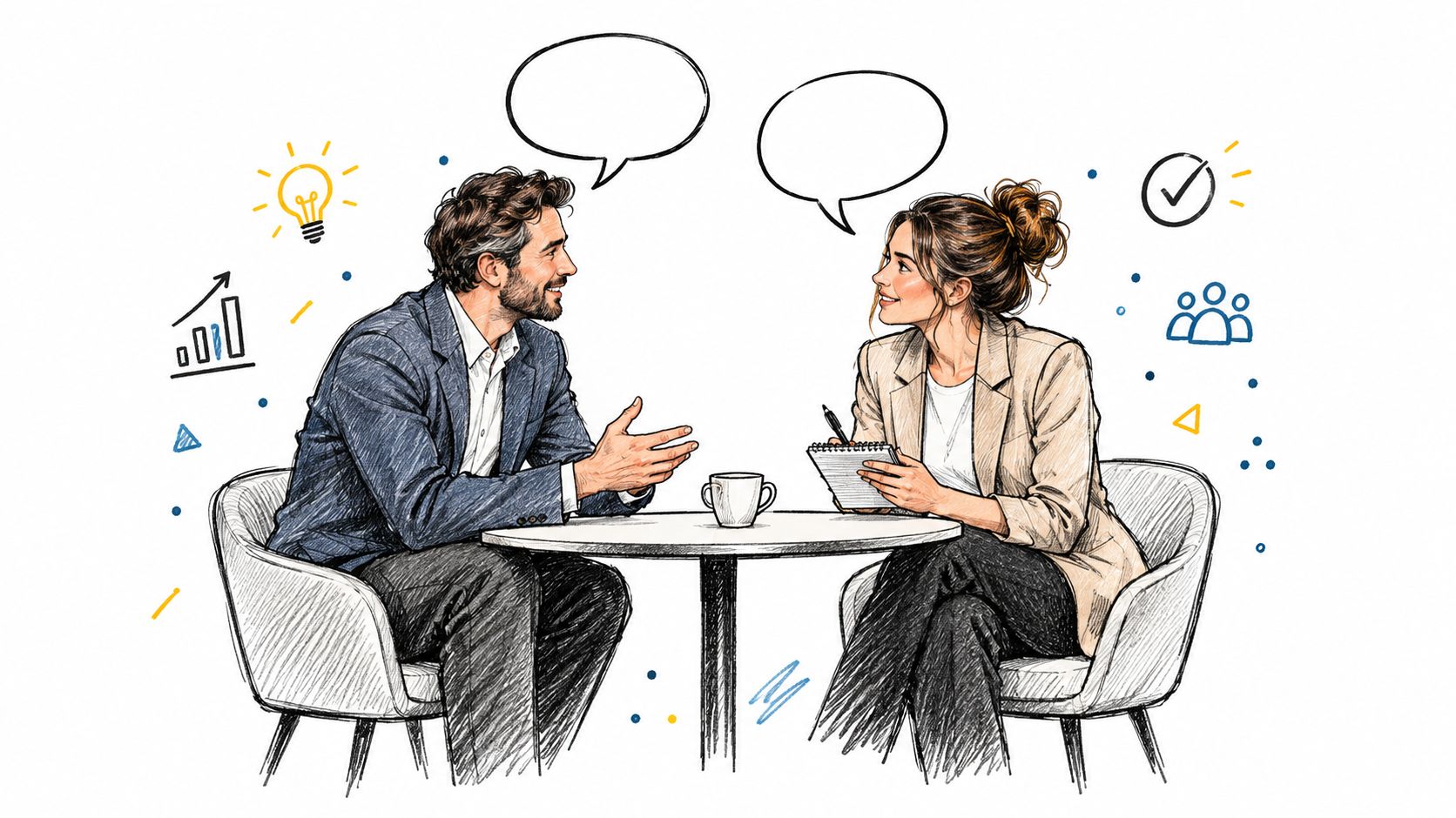A professional man and woman having a business discussion at a small table with speech bubbles above.