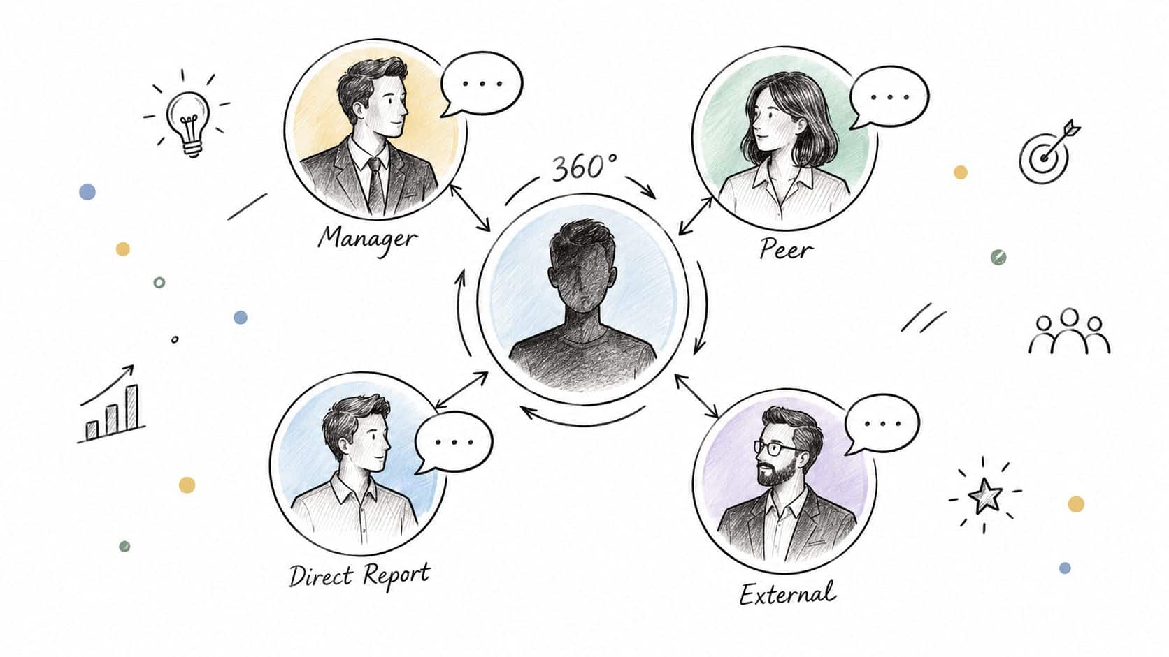 A hand-drawn illustration depicting a 360-degree performance review feedback model involving a manager, peer, direct report, and external stakeholder.