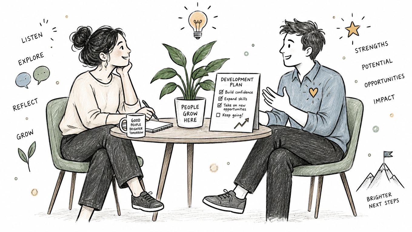 A woman and man having a supportive career development discussion at a table with a growth plan.