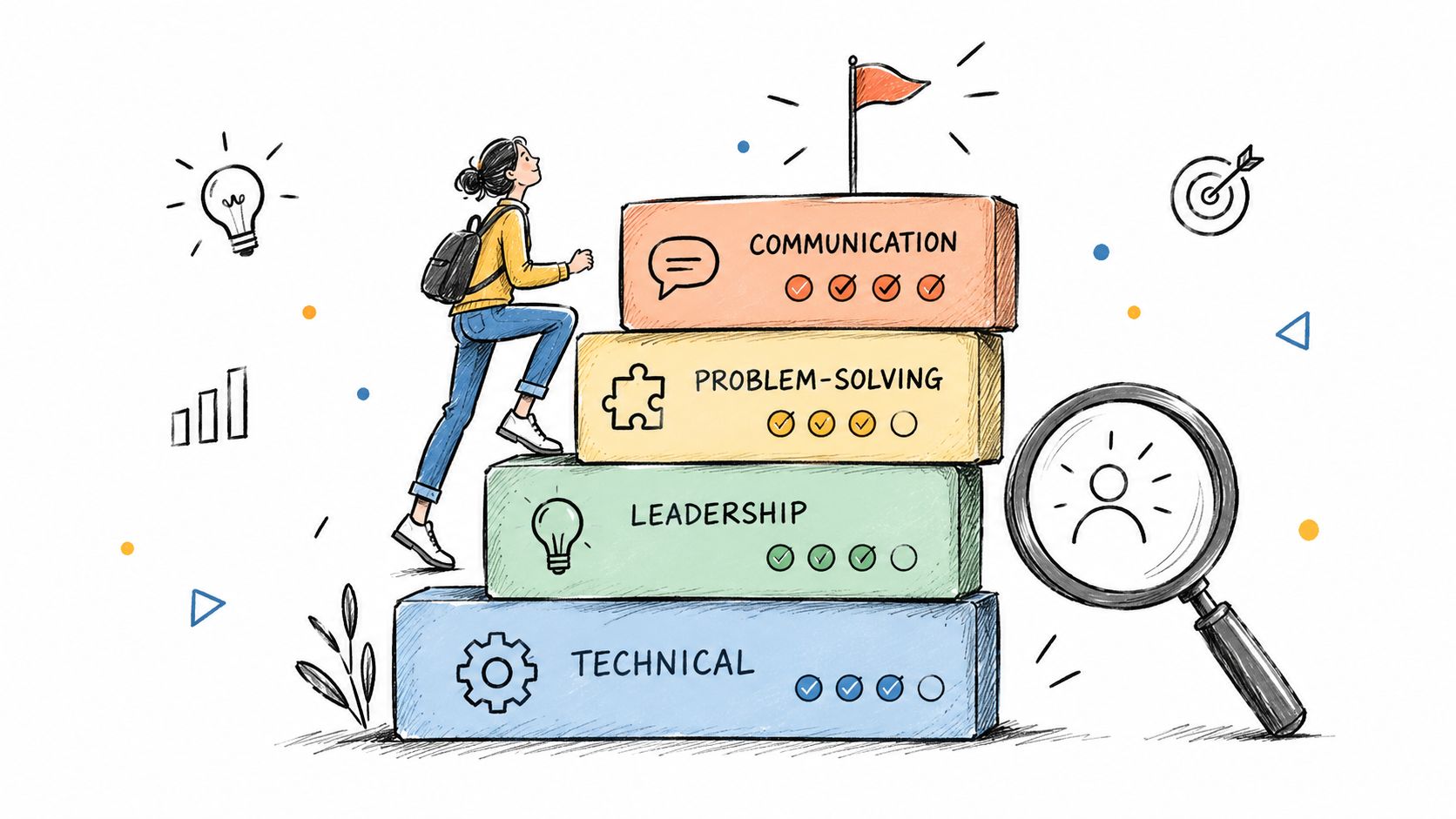 A person climbing stairs of professional development skills labelled technical, leadership, problem-solving, and communication with a magnifier.