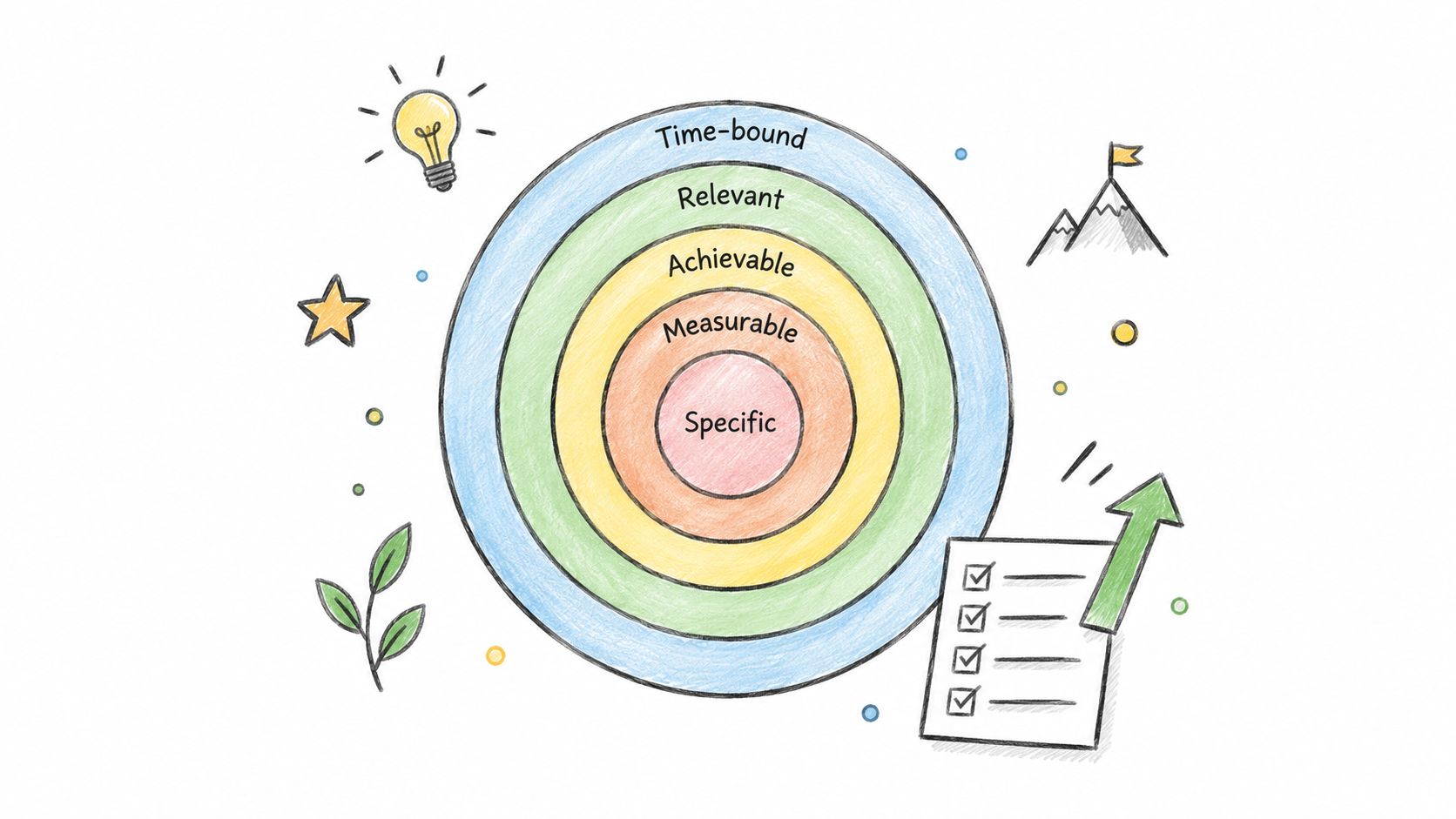 A hand-drawn illustration depicting the SMART goal-setting framework with concentric circles labelled Specific, Measurable, Achievable, Relevant, and Time-bound.